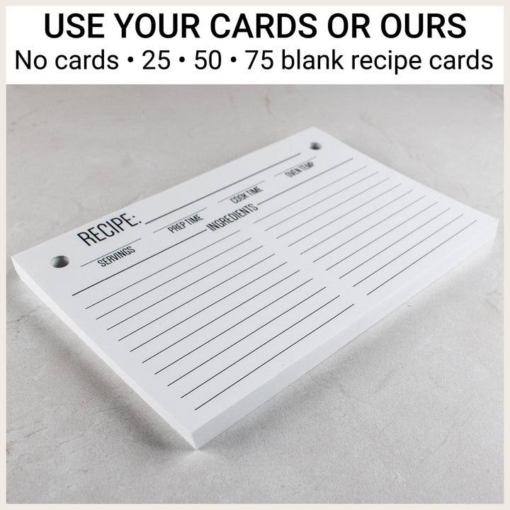 Blank recipe cards with printed recipe fields; choose no cards or a set of 25, 50 or 75 cards.