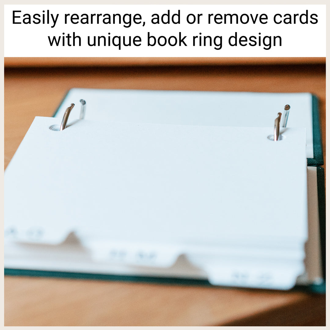 Password book with refillable pages and open metal rings showing how cards can be added, removed, or rearranged.
