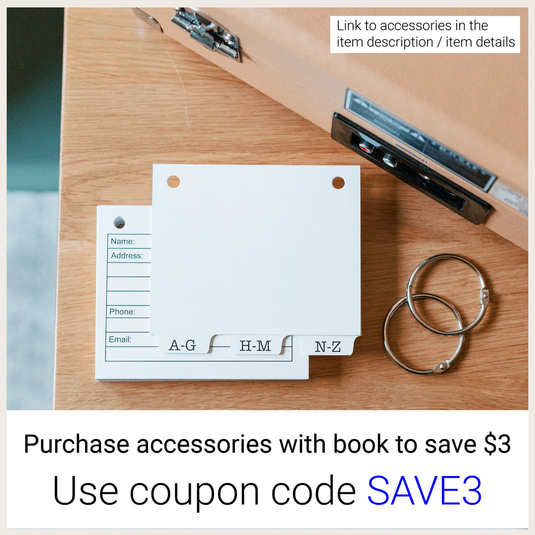Address refill cards, alphabetical dividers, and larger book rings, with a SAVE3 offer for purchasing accessories with a book.