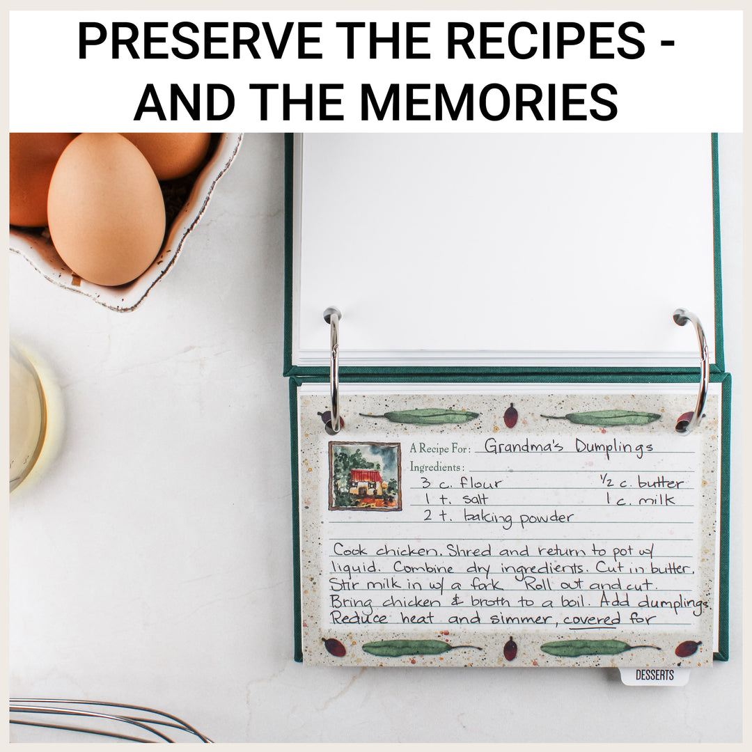 Open green recipe binder holding a handwritten “Grandma’s Dumplings” recipe card to preserve a family recipe.