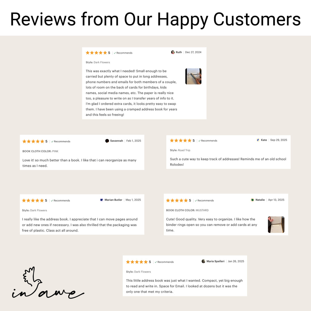 Collage of customer reviews under the heading “Reviews from Our Happy Customers,” with inAWE branding.