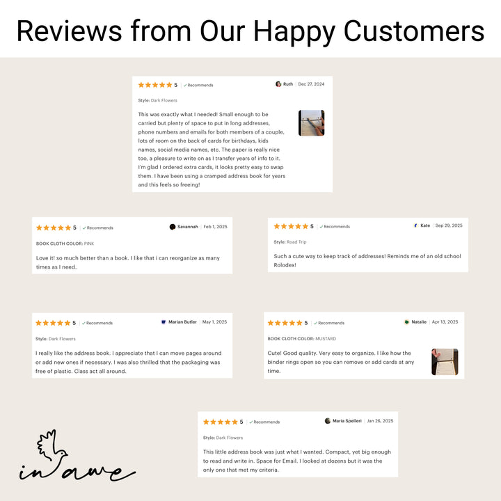 Collage of customer reviews under the heading “Reviews from Our Happy Customers,” with inAWE branding.