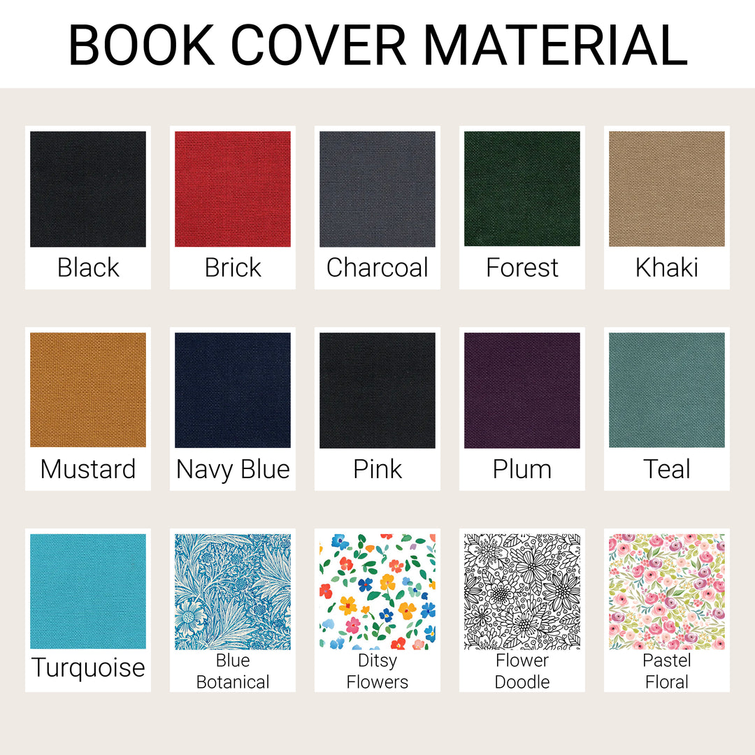 Address book cover options showing 11 solid book cloth colors and four fabrics: Blue Botanical, Ditsy Flowers, Flower Doodle, and Pastel Floral.