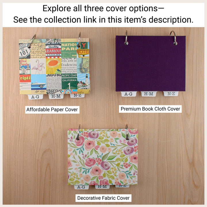 Three books comparing affordable patterned paper, premium solid book cloth, and decorative floral fabric covers.