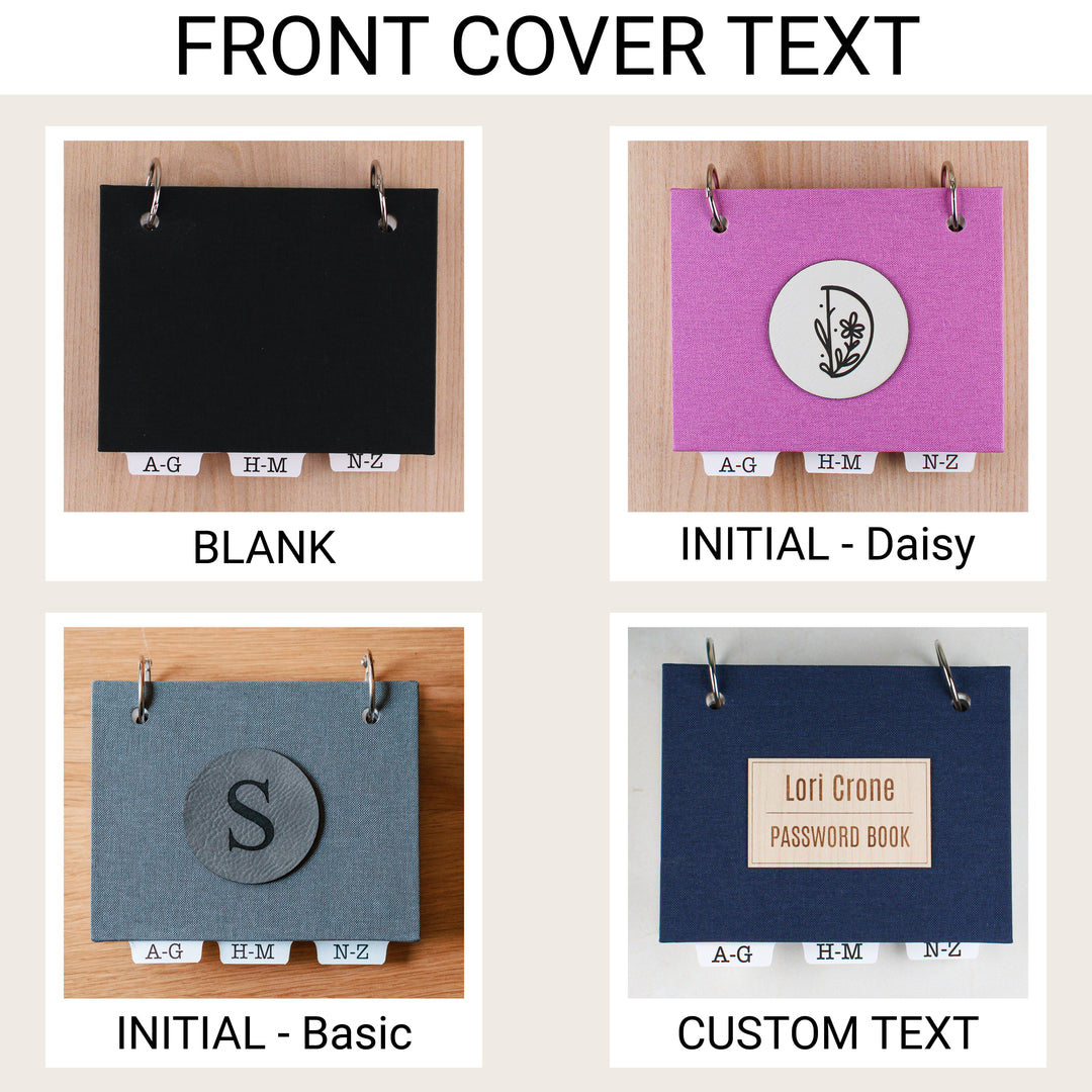 Password book cover examples showing blank, Daisy initial, Basic initial, and custom text options.