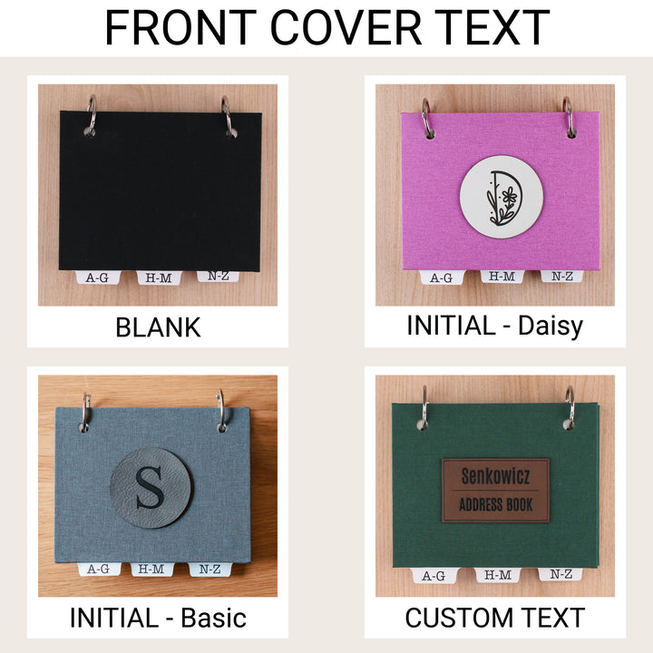 Four cover personalization examples showing blank, Daisy initial, Basic initial, and custom two-line text options.
