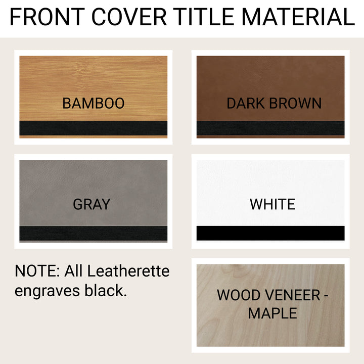 Cover title materials: bamboo, dark brown, gray, and white leatherette, plus maple wood veneer. All leatherette options engrave black.