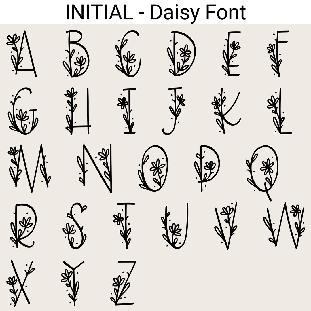 A–Z sample of the Daisy initial font, with floral details decorating each uppercase letter.