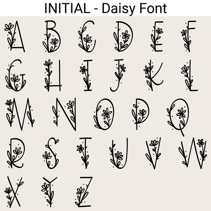 A–Z sample of the Daisy initial font, with floral details decorating each uppercase letter.