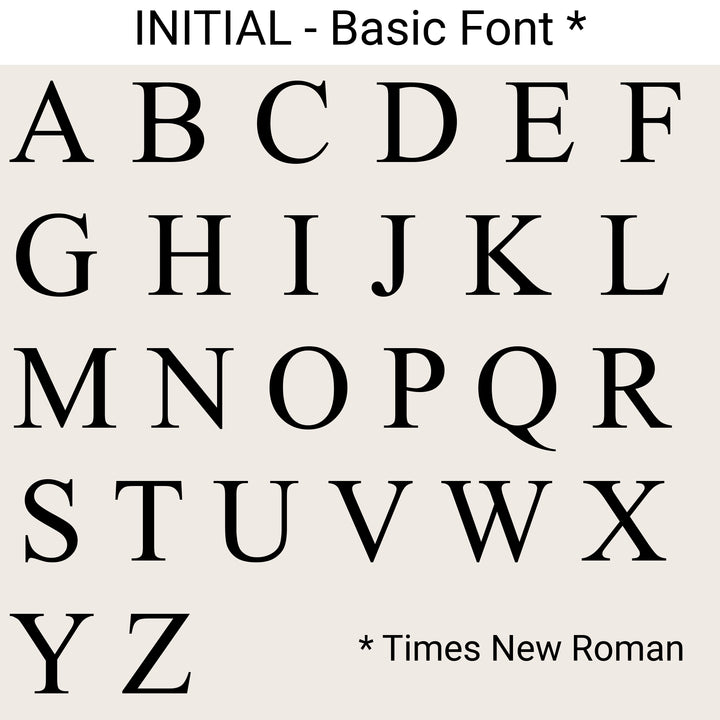 A–Z sample of the Basic initial font in uppercase Times New Roman letters.