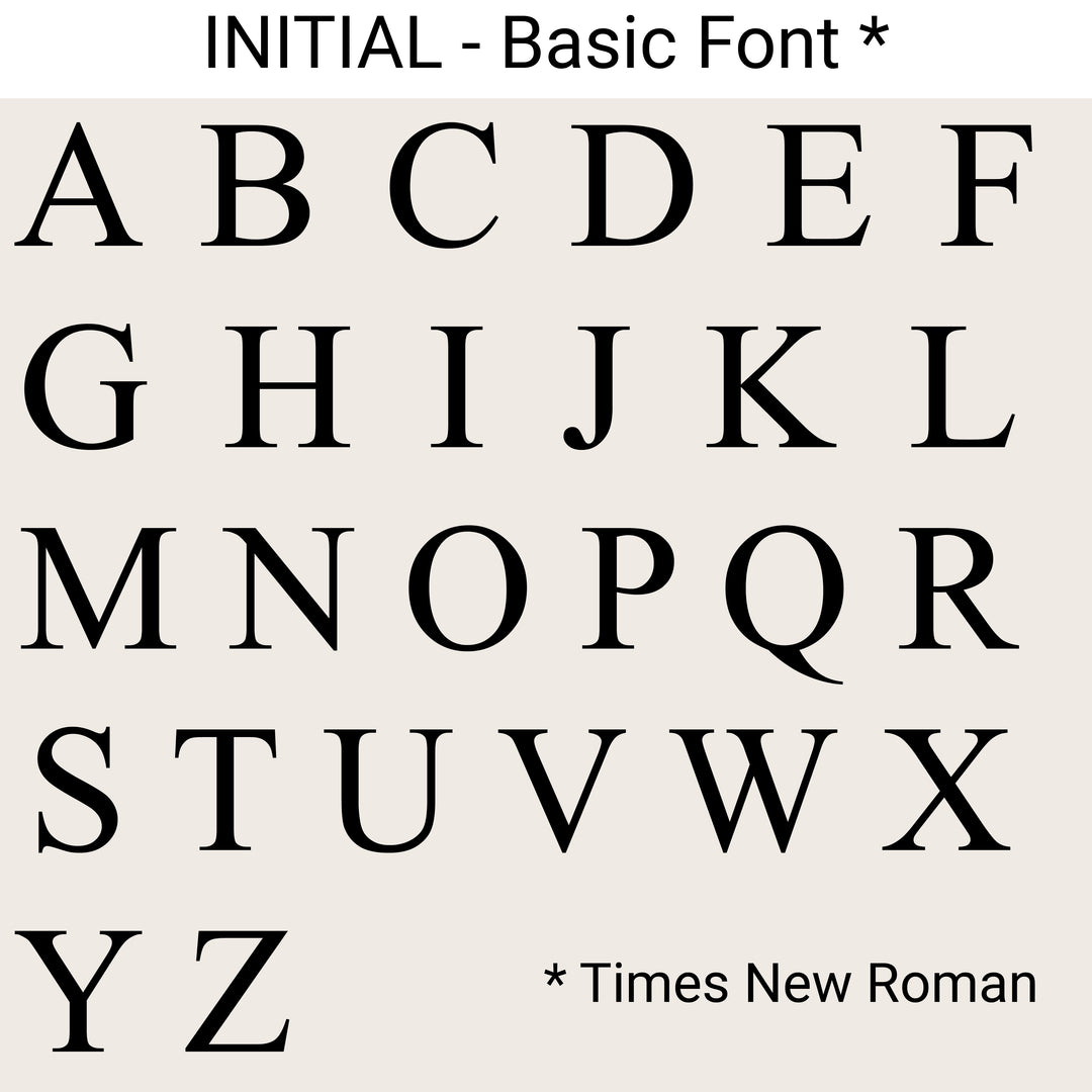 A–Z sample of the Basic initial font in uppercase Times New Roman letters.
