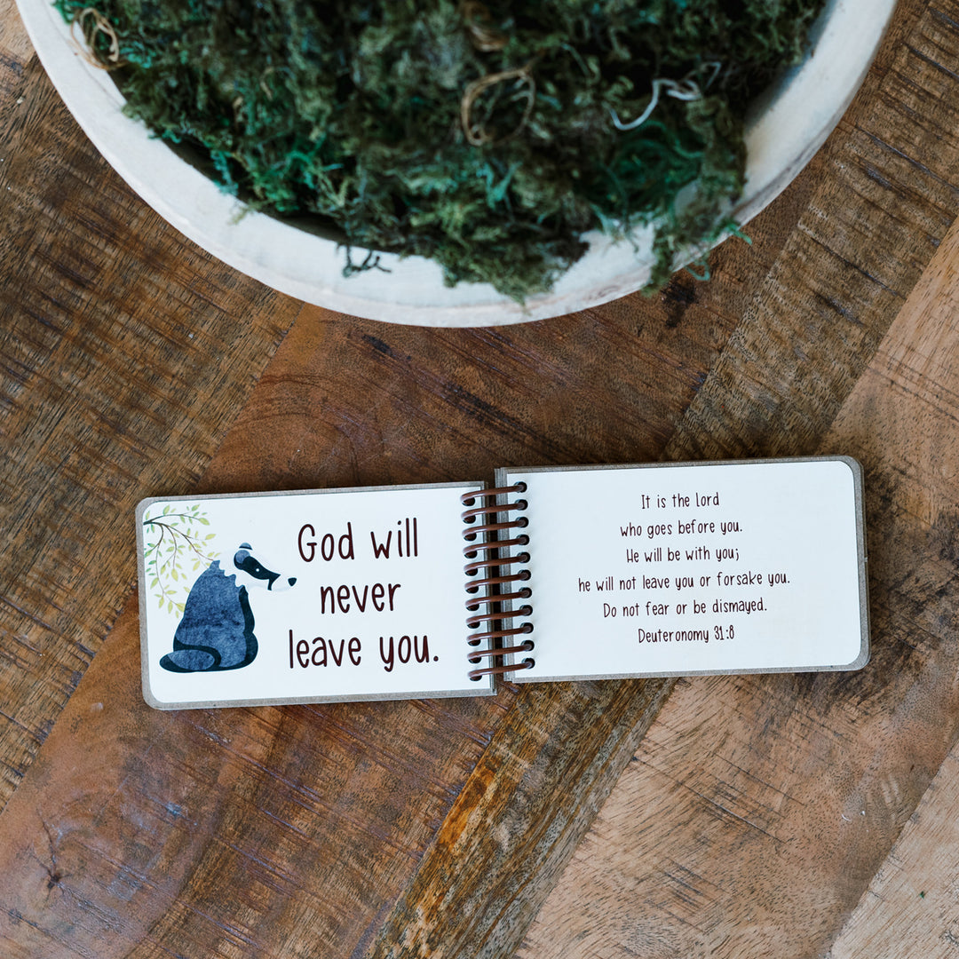 baby personalized gift, God's promise book opened up to reveal spread of Bible verse and corresponding promise from God.