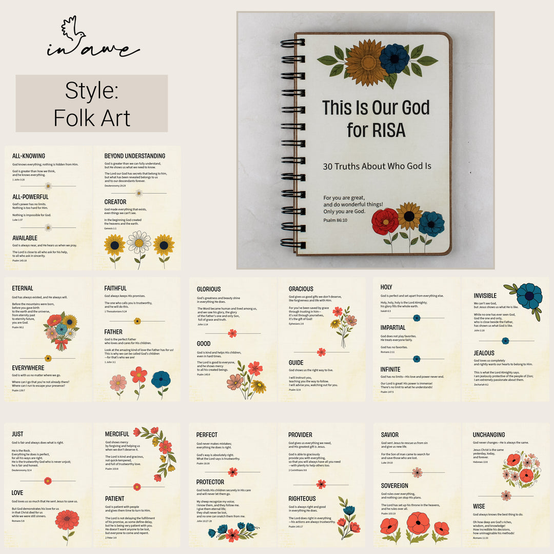 Folk Art personalized attributes of God book with interior pages showing 30 truths about who God is