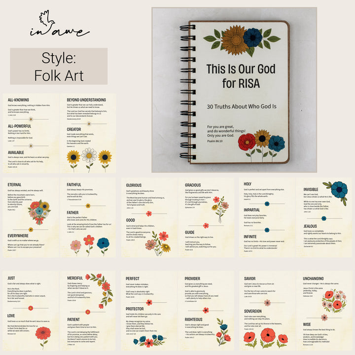 Folk Art personalized attributes of God book with interior pages showing 30 truths about who God is