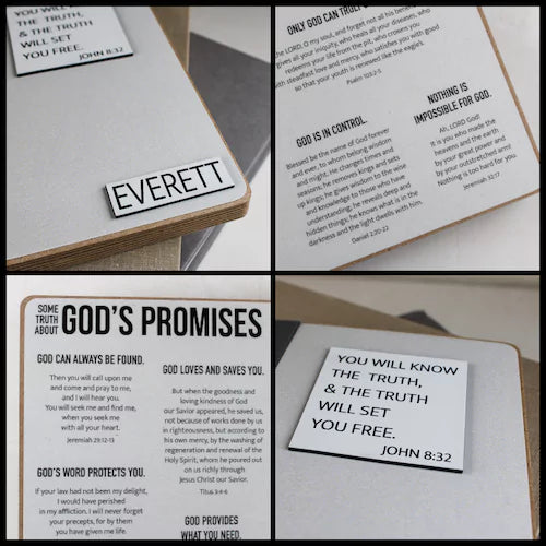 Clockwise: personalized nameplate; Bible verses and text about God's Promises; close up of God's Promises title on inside page; The truth will set you free title.