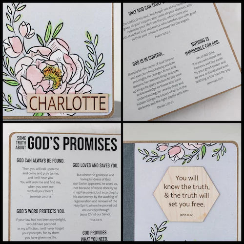 Clockwise: Close up of wood veneer nameplate on front cover with pink peony flowers; close up of text and Bible verses related to God's promises: close up of title with John 8:32 laser-engraved on wood veneer hexagon.