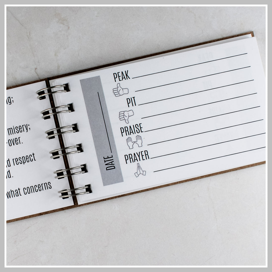 Inside page of a 4P Christian journal with Peak, Pit, Praise and Prayer prompts for daily reflection.