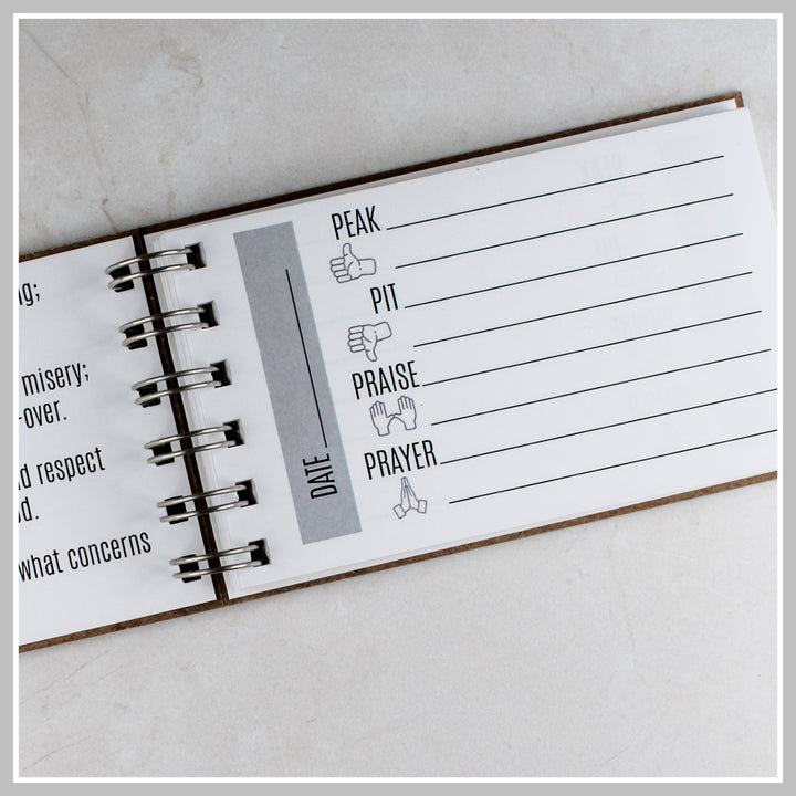 Inside page of a 4P Christian journal with Peak, Pit, Praise and Prayer prompts for daily reflection.