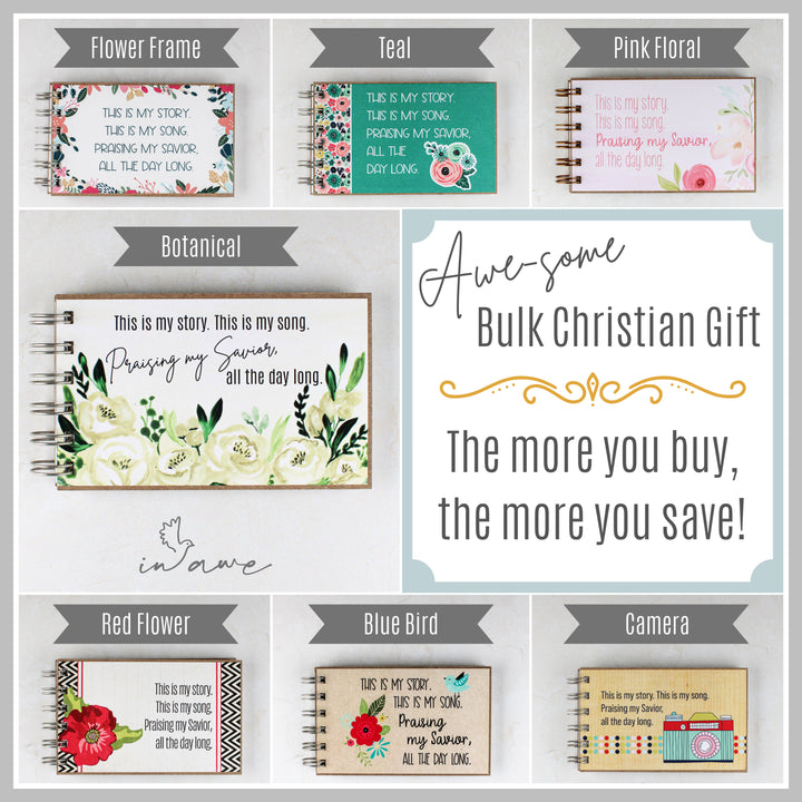 Seven 4P Christian journal cover styles available for individual or bulk church gift orders.