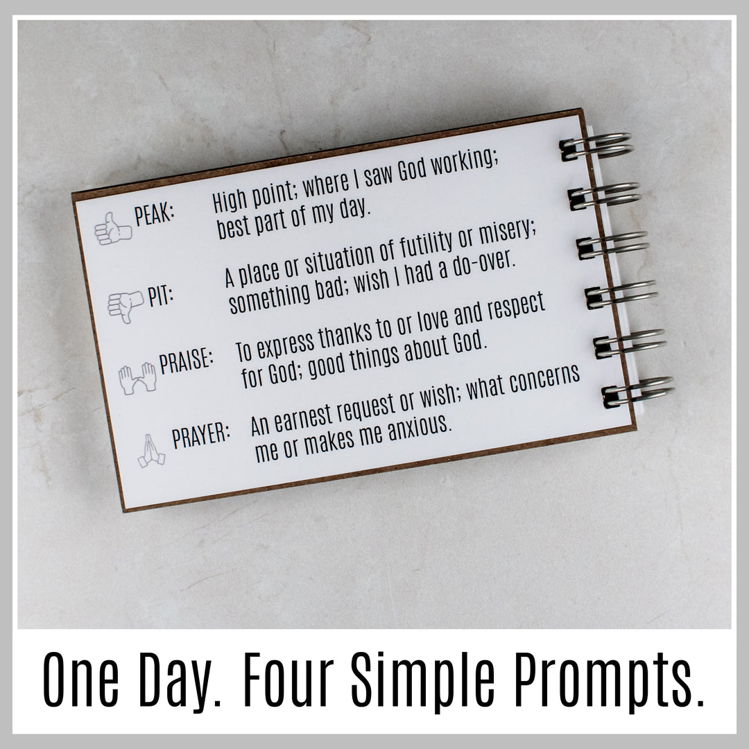 4P journal prompt guide explaining Peak, Pit, Praise and Prayer for simple Christian journaling.