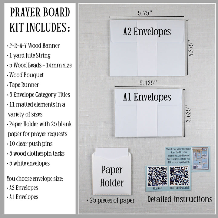 Prayer board kit contents listed. Choose A1 or A2 envelopes. Prayer request cards with a storage pocket. Detailed instructions of how to assemble your prayer board kit.