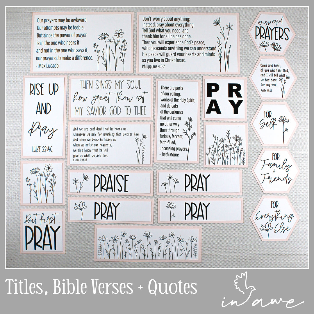 Prayer board titles, Bible verses and prayer quotes matted on blush pink card stock.
