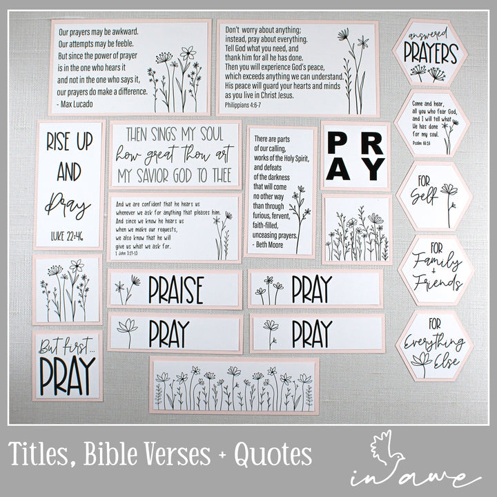 Prayer board titles, Bible verses and prayer quotes matted on blush pink card stock.