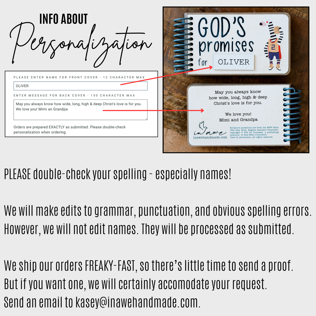 How to personalize our God's Promise books with a laser-engraved nameplate on front cover and custom message printed on back cover.