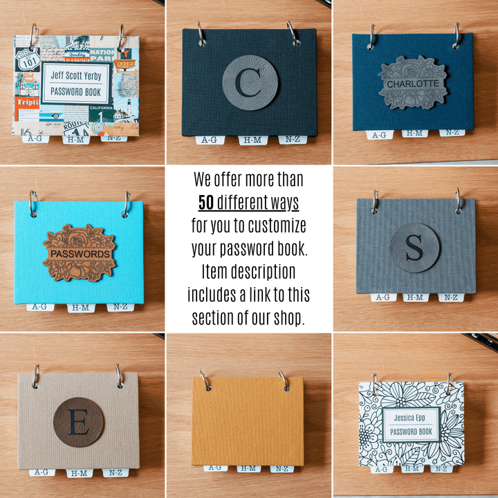 Grid of photos showing samples of the 50 different ways our password books can be customized.