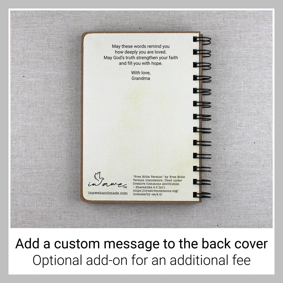 Back cover of a wire-bound Book of Truth showing a custom encouragement message signed “With love, Grandma,” available as an optional add-on for an additional fee.
