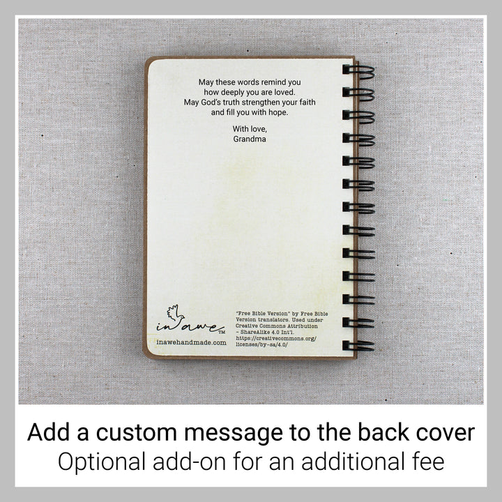 Back cover of a wire-bound Book of Truth showing a custom encouragement message signed “With love, Grandma,” available as an optional add-on for an additional fee.