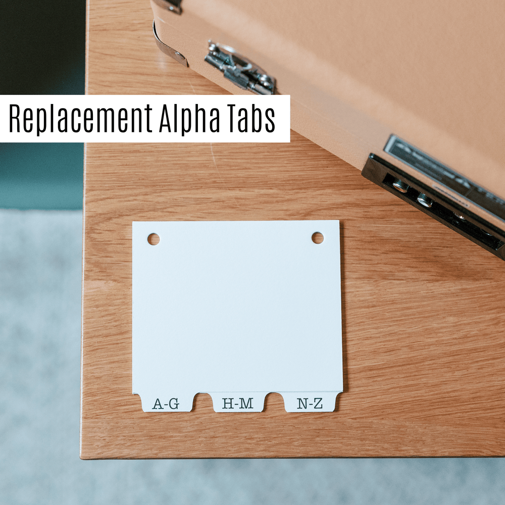 Replacement alpha tabs on a wooden surface with text overlay
