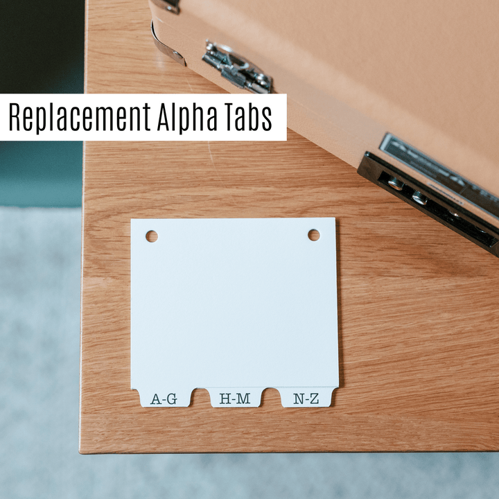 Replacement alpha tabs on a wooden surface with text overlay