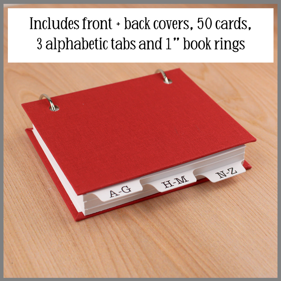 Address book comes with front and back covers, 50 blank cards, 3 alphabetic tabs and two 1" book rings.