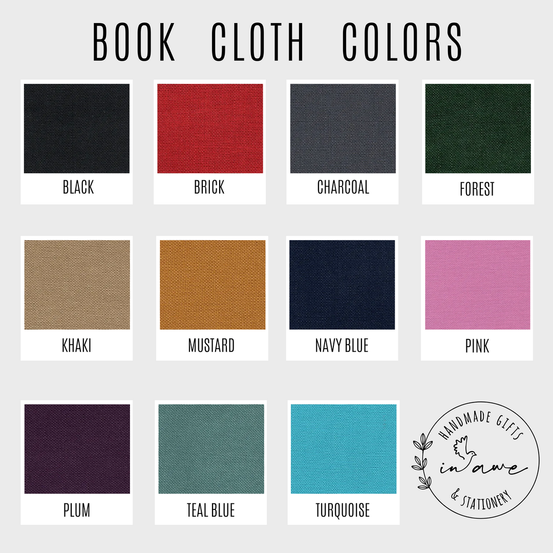 Color swatches of book cloth with labels and a brand logo.