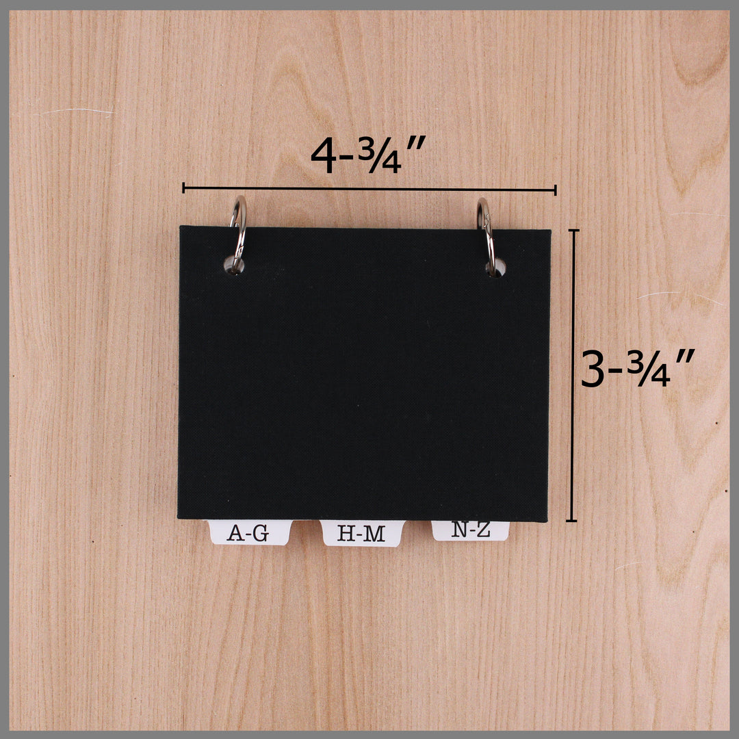 address book measures 4.75 inch wide by 3.75 inch tall.