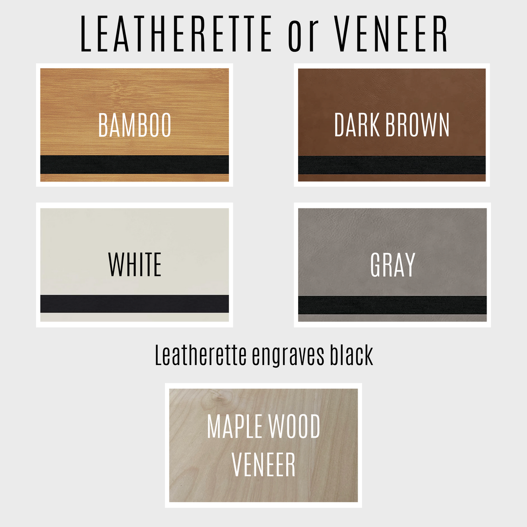 Color swatches for leatherette or veneer finishes including Bamboo, Dark Brown, White, Gray, and Maple Wood Veneer.