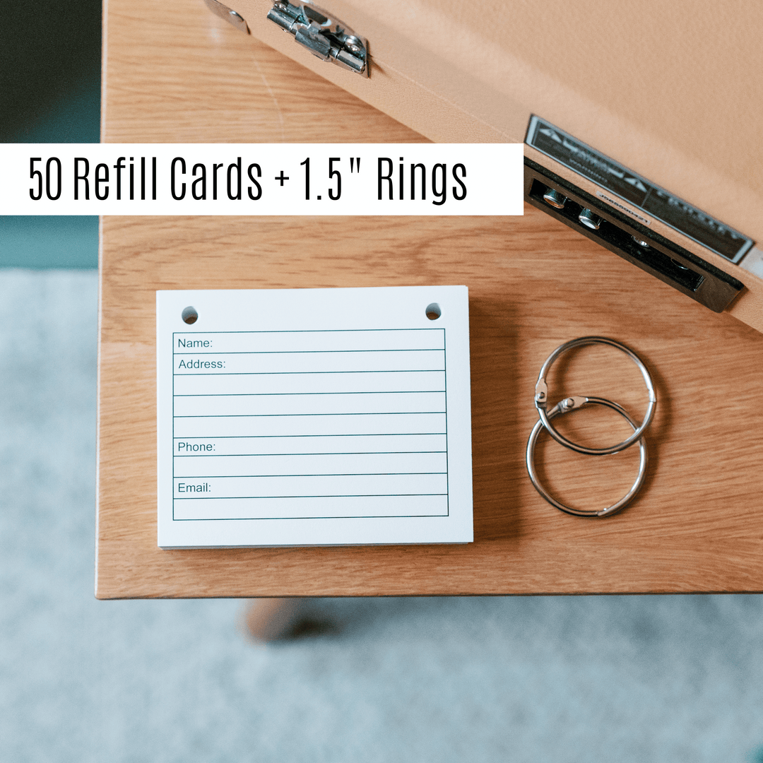 50 blank refill cards for address book along with two 1.5 inch book rings.