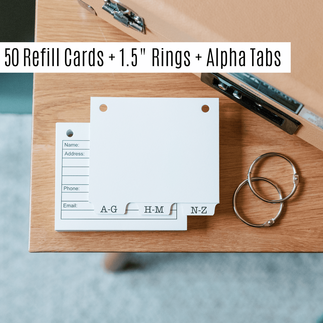 50 blank refill cards for address book, two 1.5 inch book rings and 3 alpha tabs.
