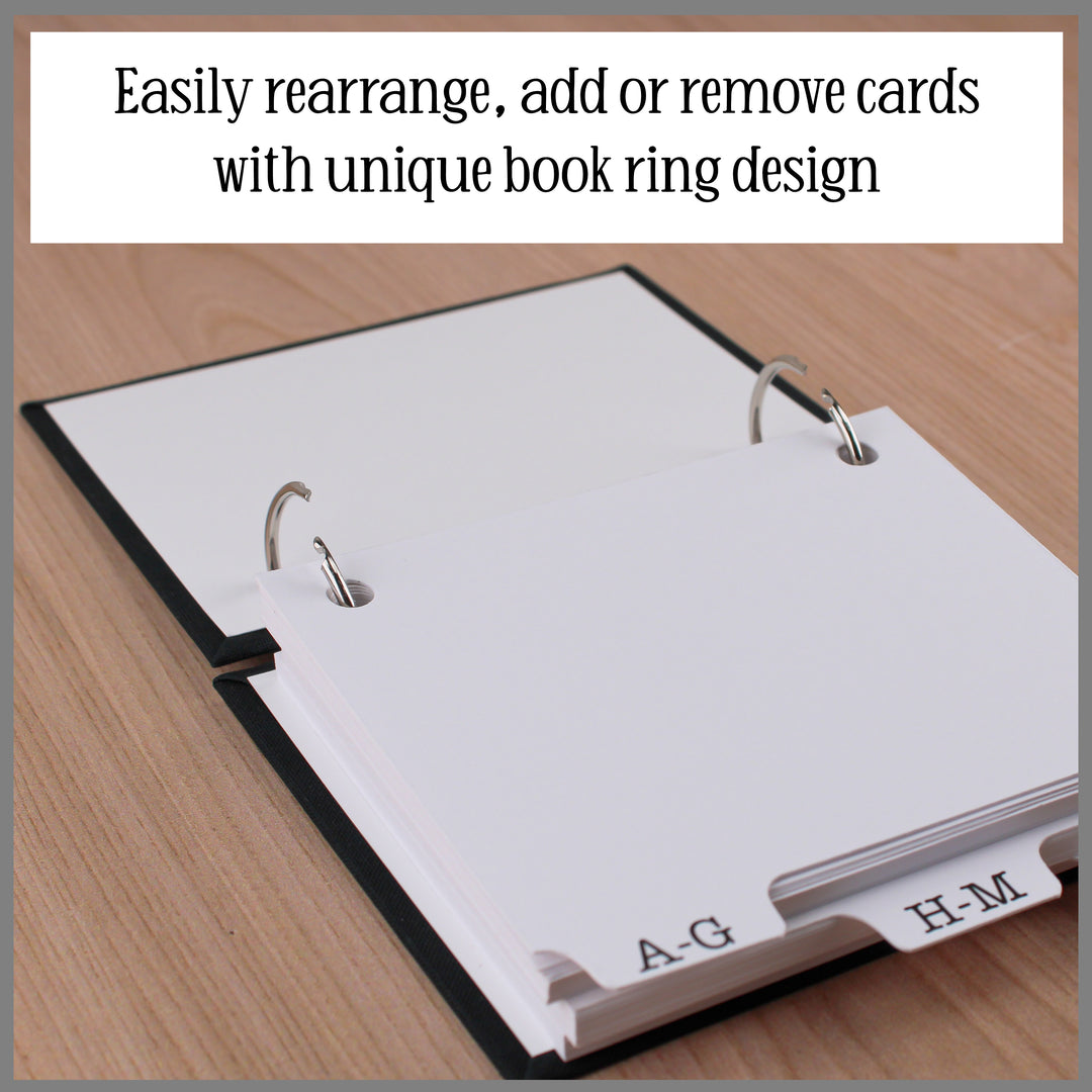 Unique book ring design allows user to easily rearrange, add or remove cards.