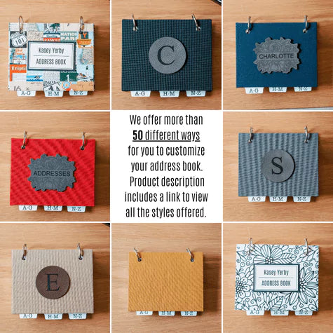 Photo grid showing 8 of the 50+ design combinations available for our address books.