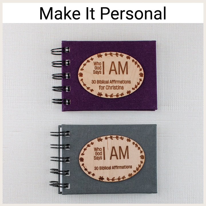 Plum and charcoal affirmation books with floral oval wood plaques, showing versions with and without name personalization.