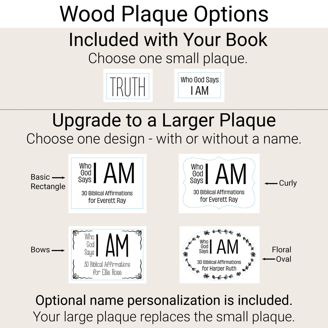 Plaque options: two included small designs or a larger Basic Rectangle, Curly, Bows, or Floral Oval upgrade with optional name personalization.