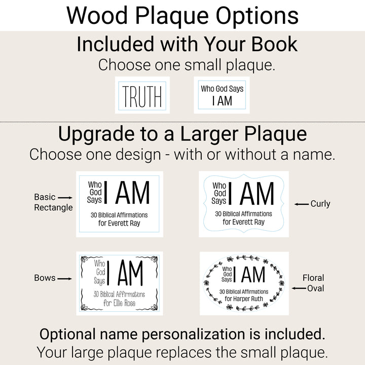 Plaque options: two included small designs or a larger Basic Rectangle, Curly, Bows, or Floral Oval upgrade with optional name personalization.
