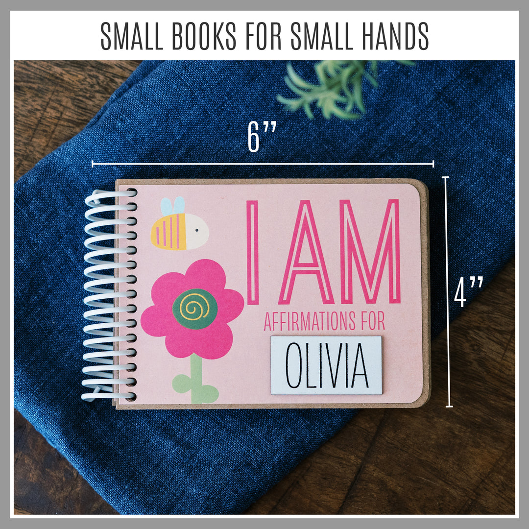 Personalized Pink Girly kids affirmation book measuring approximately 6 inches wide by 4 inches tall.