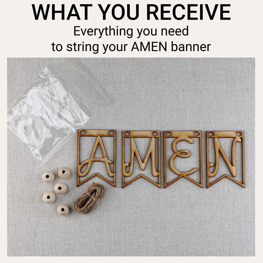Unassembled AMEN banner kit with four wood letter pieces, five beads, jute string and packaging.