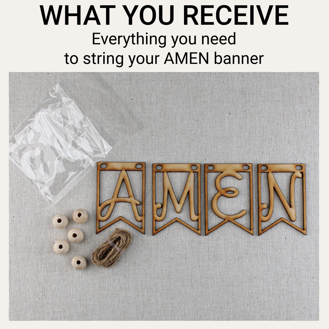 Unassembled AMEN banner kit with four wood letter pieces, five beads, jute string and packaging.