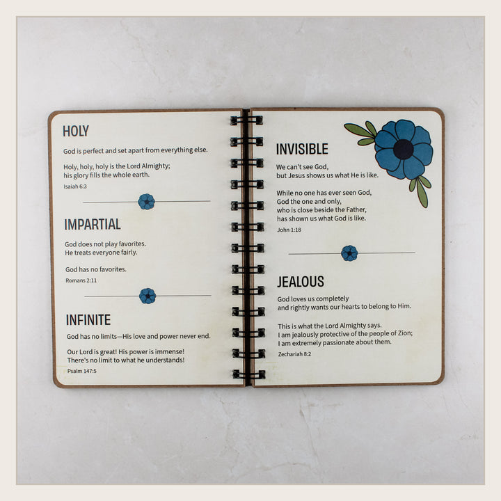 Open Christian book for kids showing eternal, faithful, father and everywhere attributes of God.