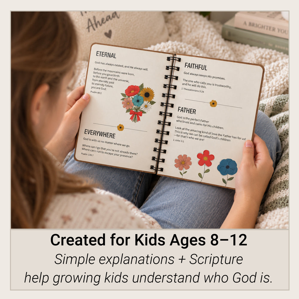 Christian book for kids ages 8 to 12 with simple explanations and Scripture to help growing kids understand who God is.