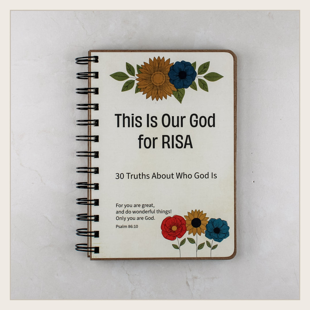Personalized Christian book for kids featuring 30 truths about the attributes of God in Folk Art floral style.